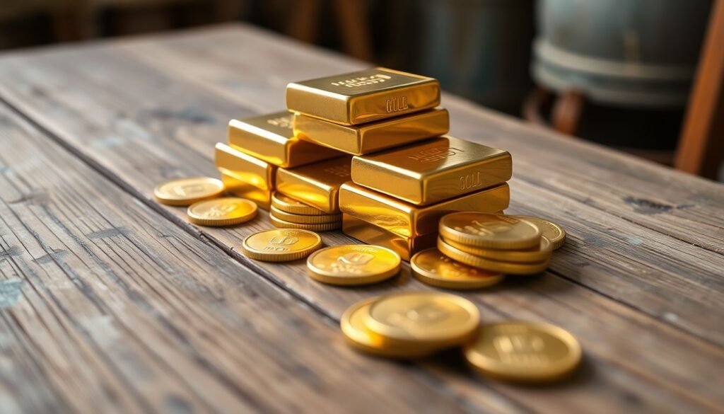 Op deze foto zie je goud munten en baren